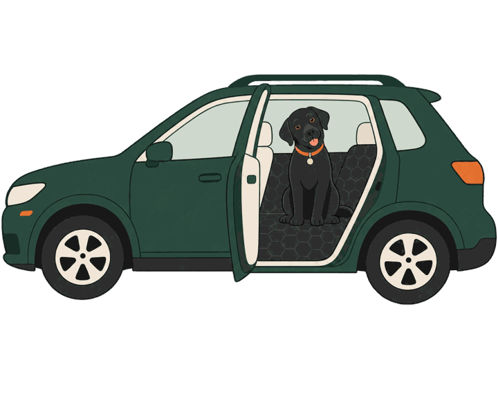 A black Labrador waiting on the back seat of a green car